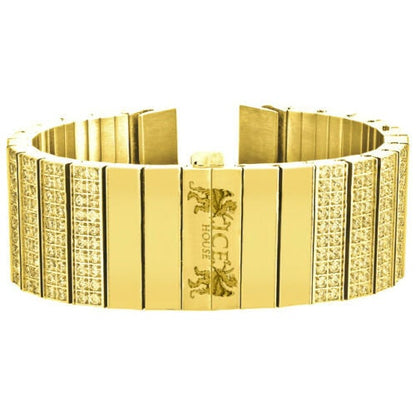 Yellow Canary Men's 133+ Grams Solid Stainless Steel 18K Gold Finish CNC Set 18.00 Cwt. Simulated Diamond Custom Watch Band 24mm