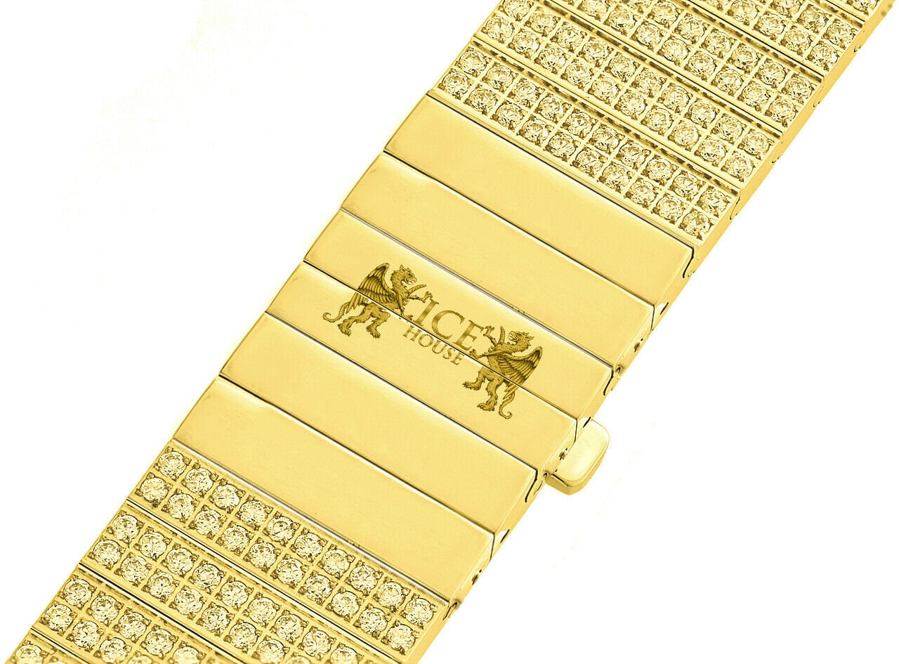 Yellow Canary Men's 133+ Grams Solid Stainless Steel 18K Gold Finish CNC Set 18.00 Cwt. Simulated Diamond Custom Watch Band 24mm