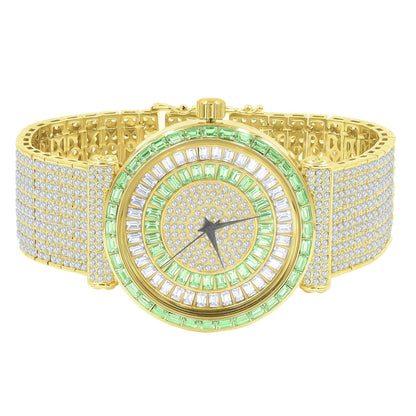 3.00ct Baguette Simulated Diamond Jo Rodeo 10 Row Custom Band Watch Iced Out Big Bold Emerald Green