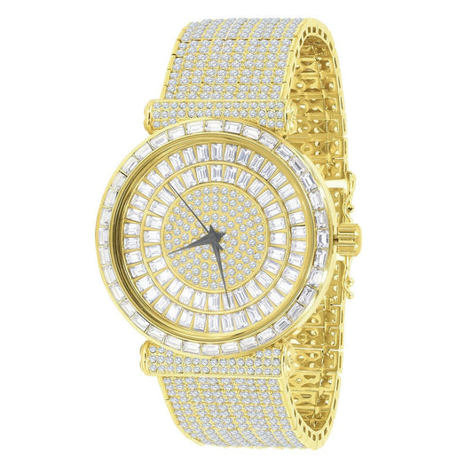 18K Yellow Gold Finish Mens Baguette Simulated Diamond Jo Rodeo 10 Row Custom Band Iced Out Bezel Luxury Watch