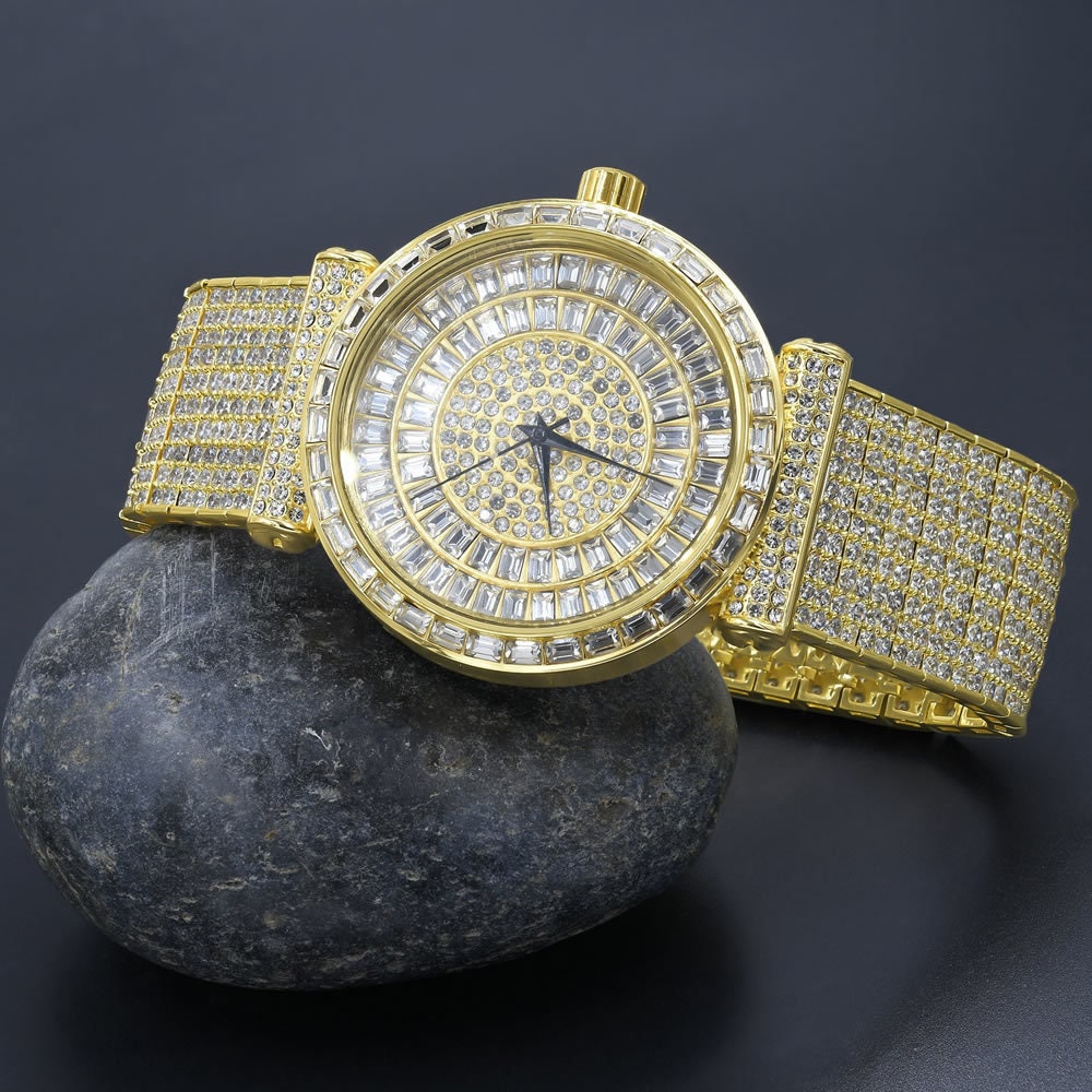 18K Yellow Gold Finish Mens Baguette Simulated Diamond Jo Rodeo 10 Row Custom Band Iced Out Bezel Luxury Watch