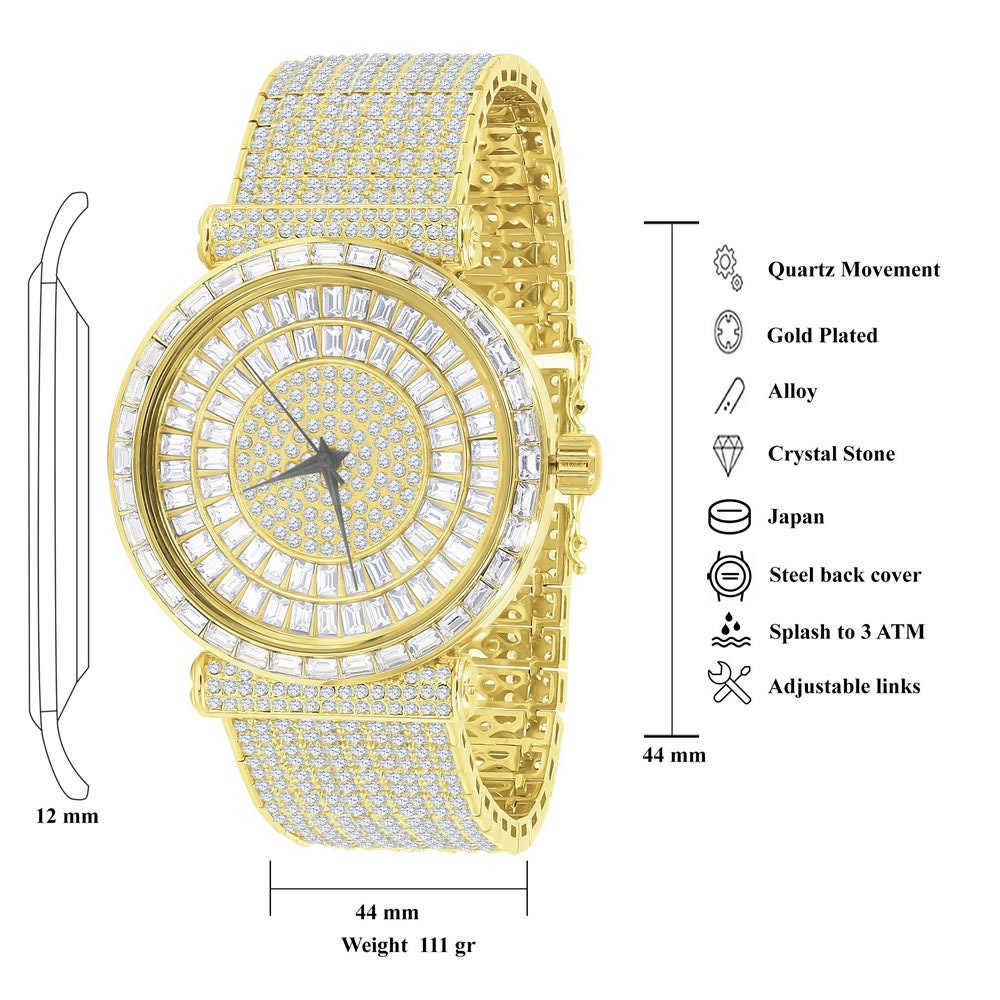 18K Yellow Gold Finish Mens Baguette Simulated Diamond Jo Rodeo 10 Row Custom Band Iced Out Bezel Luxury Watch