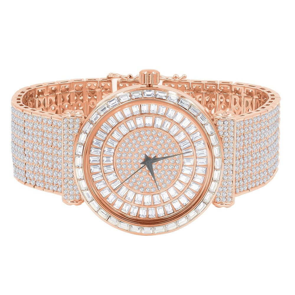 Rose Gold Copper Tone Baguette Simulated Diamond Jo Rodeo 10 Row Custom Band Iced Out Bezel Mens Luxury Watch