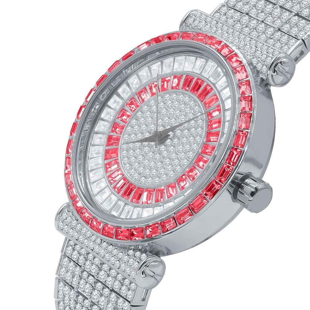 Ruby Red Mens 18K White Gold Finish Baguette Simulated Diamond Jo Rodeo 10 Row Custom Band Iced Out Bezel Watch