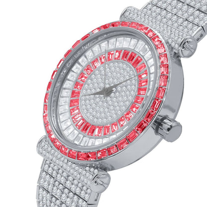 Ruby Red Mens 18K White Gold Finish Baguette Simulated Diamond Jo Rodeo 10 Row Custom Band Iced Out Bezel Watch