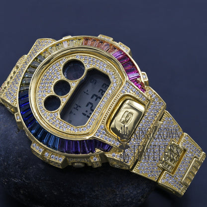 Adjustable Size Watch Baguette Round Cut Diamonds Rainbow Multi Tone Authentic Custom Casio G-Shock DW6900 Mens Yellow Gold Finish