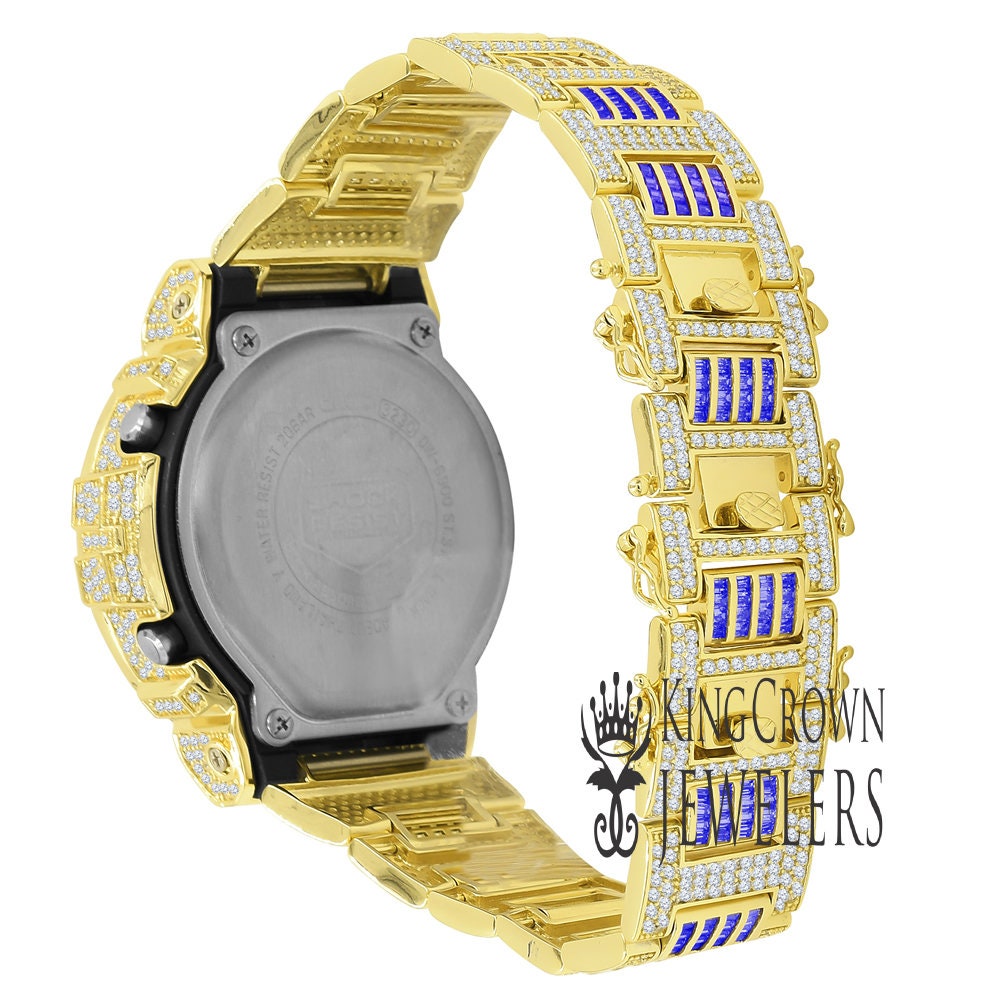 Adjustable Watch Baguette Diamonds Mens Blue Sapphire Solitaire Authentic Custom Casio G-Shock DW6900 Yellow Gold Finish