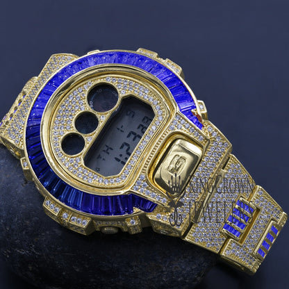 Adjustable Watch Baguette Diamonds Mens Blue Sapphire Solitaire Authentic Custom Casio G-Shock DW6900 Yellow Gold Finish