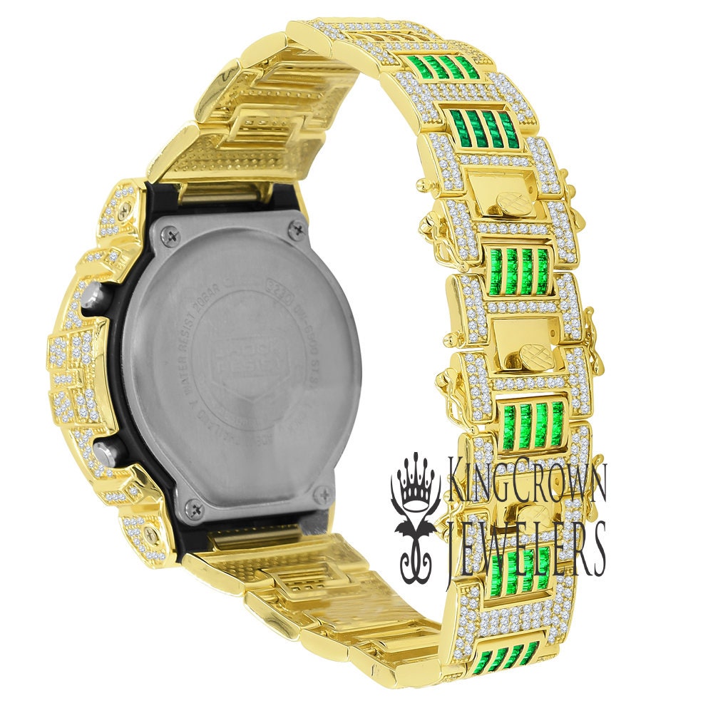 Adjustable Watch Baguette Emerald Green Authentic Custom Casio G-Shock DW6900 Mens Yellow Gold Finish Simulated Diamonds