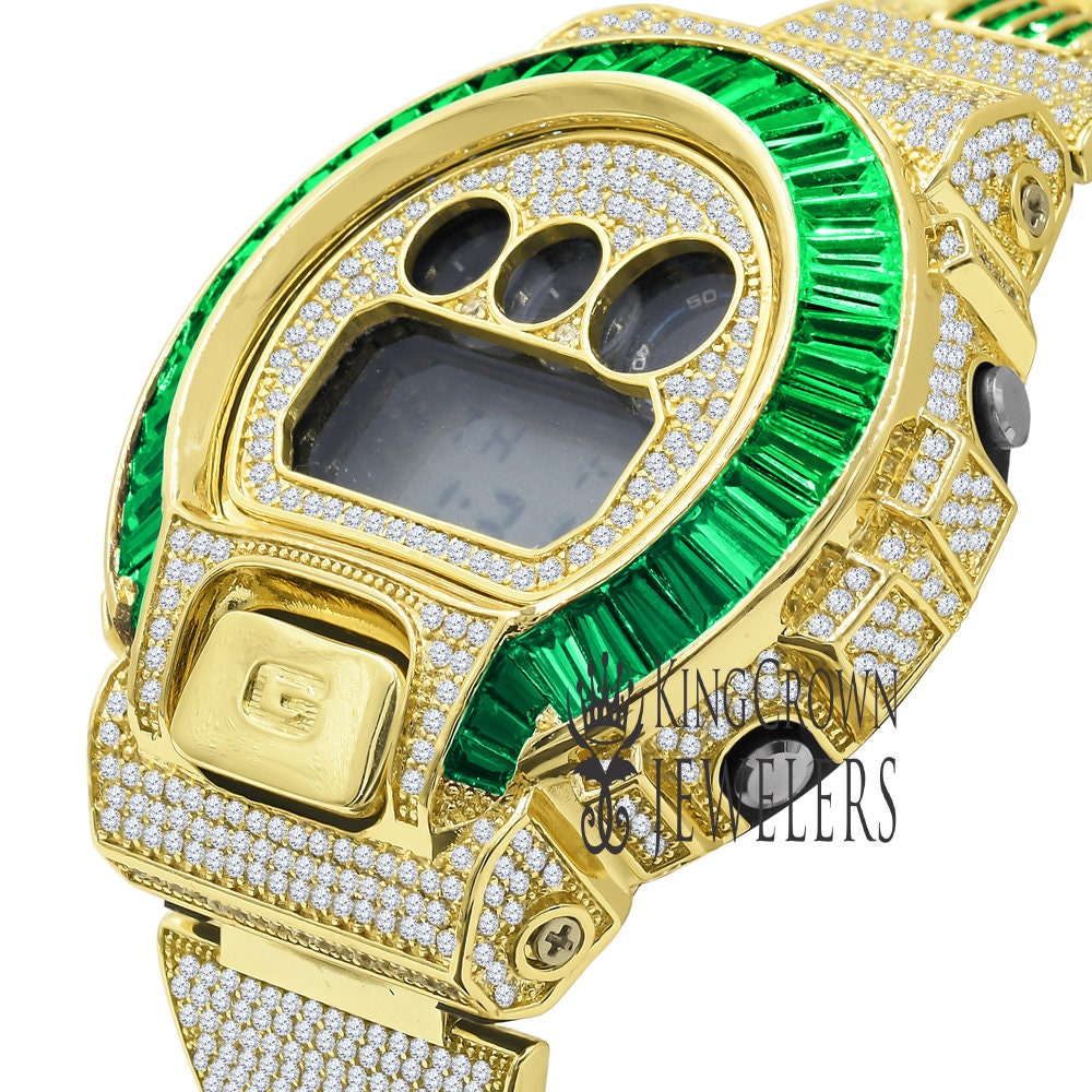 Adjustable Watch Baguette Emerald Green Authentic Custom Casio G-Shock DW6900 Mens Yellow Gold Finish Simulated Diamonds