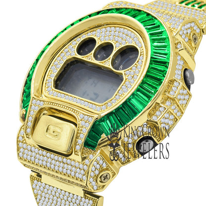 Adjustable Watch Baguette Emerald Green Authentic Custom Casio G-Shock DW6900 Mens Yellow Gold Finish Simulated Diamonds