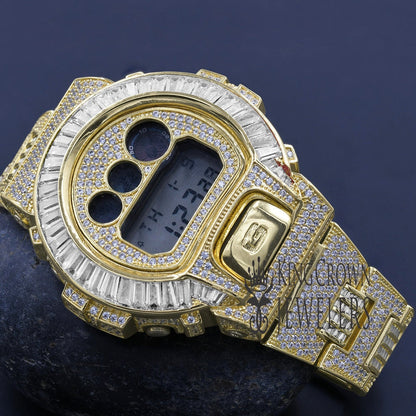 Baguette Bezel Band Real Authentic Custom Casio G-Shock DW6900 Mens Adjustable Watch Yellow Gold Finish Simulated Diamonds