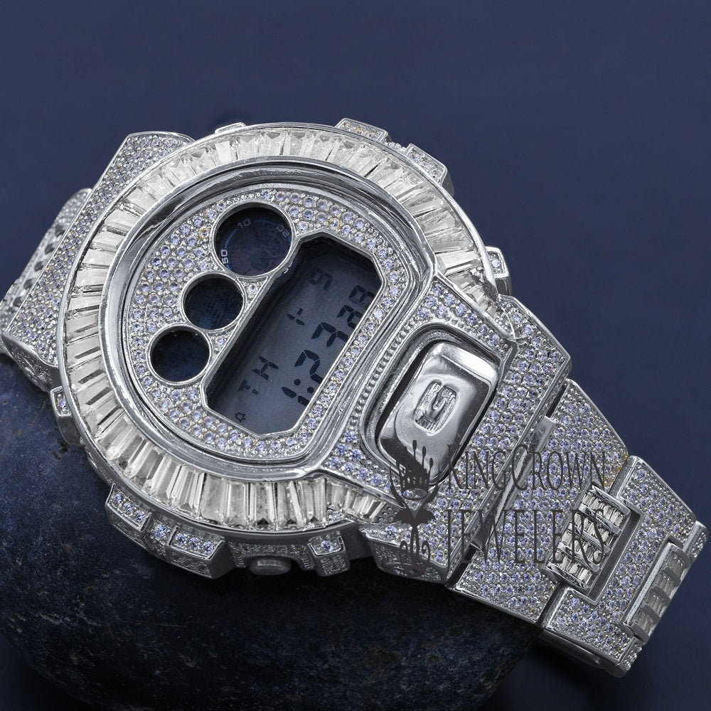 Baguette White Gold Finish Real Authentic Custom Casio G-Shock DW6900 Mens Adjustable Size Watch Simulated Diamonds