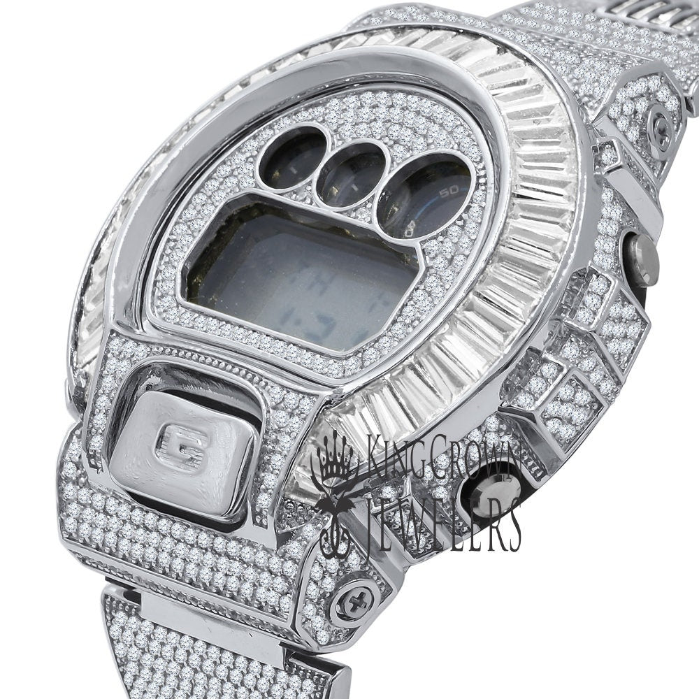 Baguette White Gold Finish Real Authentic Custom Casio G-Shock DW6900 Mens Adjustable Size Watch Simulated Diamonds