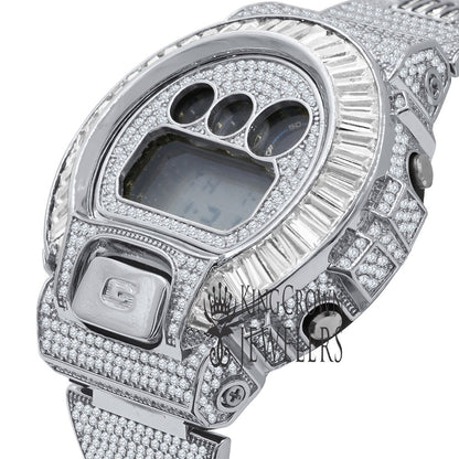 Baguette White Gold Finish Real Authentic Custom Casio G-Shock DW6900 Mens Adjustable Size Watch Simulated Diamonds