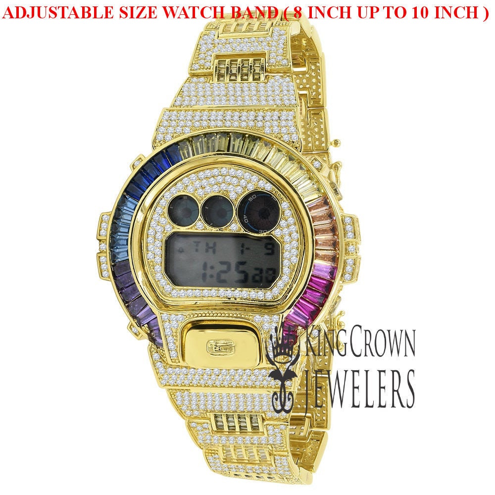 Adjustable Size Watch Baguette Round Cut Diamonds Rainbow Multi Tone Authentic Custom Casio G-Shock DW6900 Mens Yellow Gold Finish