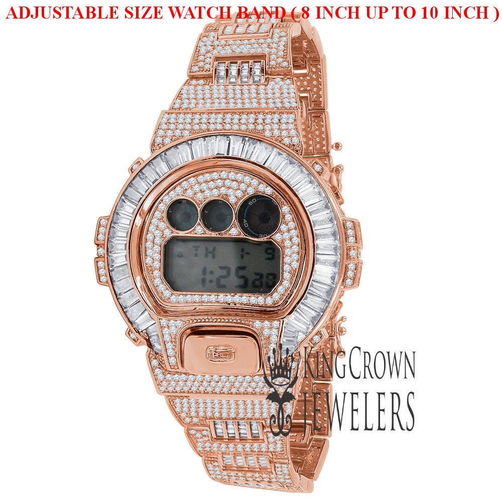 Rose Gold Finish Baguette  Bezel & Band Real Authentic Custom Casio G-Shock DW6900 Mens Adjustable Size Watch Simulated Diamonds