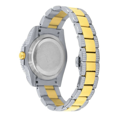 Mens 18k 2 Tone Gold Finish Solid Stainless Steel 40mm Simulated Diamond W/Date Function President Watch