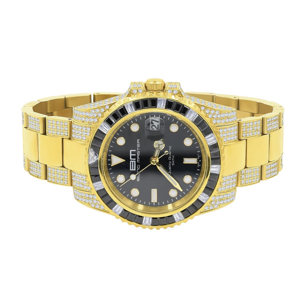 Solid Stainless Steel 18k Yellow Gold Finish Simulated Diamond Mens President Watch W/Date Function