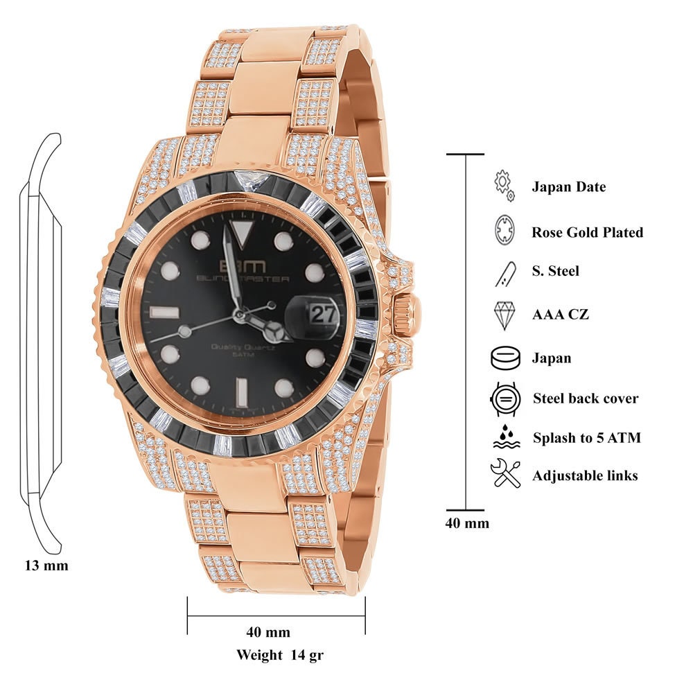 Full Stainless Steel 18k Rose Gold Finish Simulated Diamond Mens President Watch W/Date Function