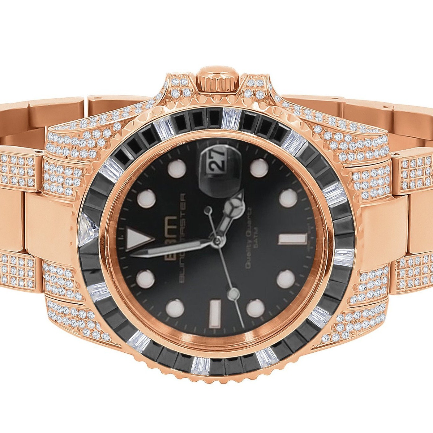 Full Stainless Steel 18k Rose Gold Finish Simulated Diamond Mens President Watch W/Date Function