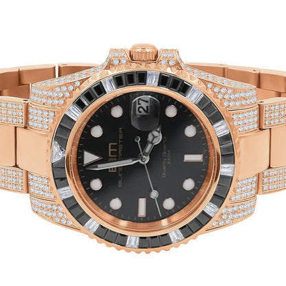 Full Stainless Steel 18k Rose Gold Finish Simulated Diamond Mens President Watch W/Date Function