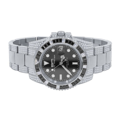 18k White Gold Finish Full Stainless Steel Simulated Diamond Mens Presidential Watch W/Date Function