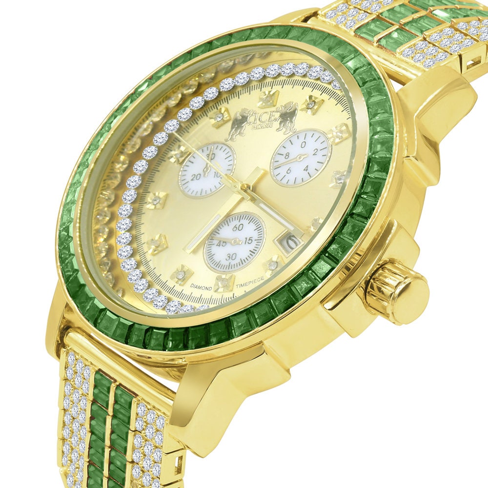 Emerald Green Solid Steel Baguette-Cut Solitaire Bezel Yellow Gold Tone Simulated Diamond Adjustable Band Mens Watch W/Date
