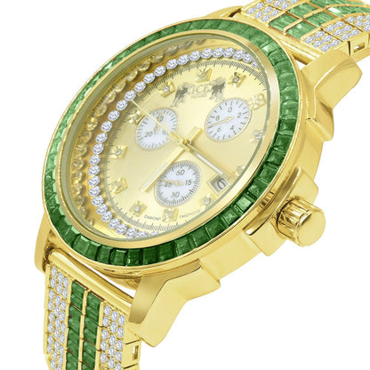 Emerald Green Solid Steel Baguette-Cut Solitaire Bezel Yellow Gold Tone Simulated Diamond Adjustable Band Mens Watch W/Date