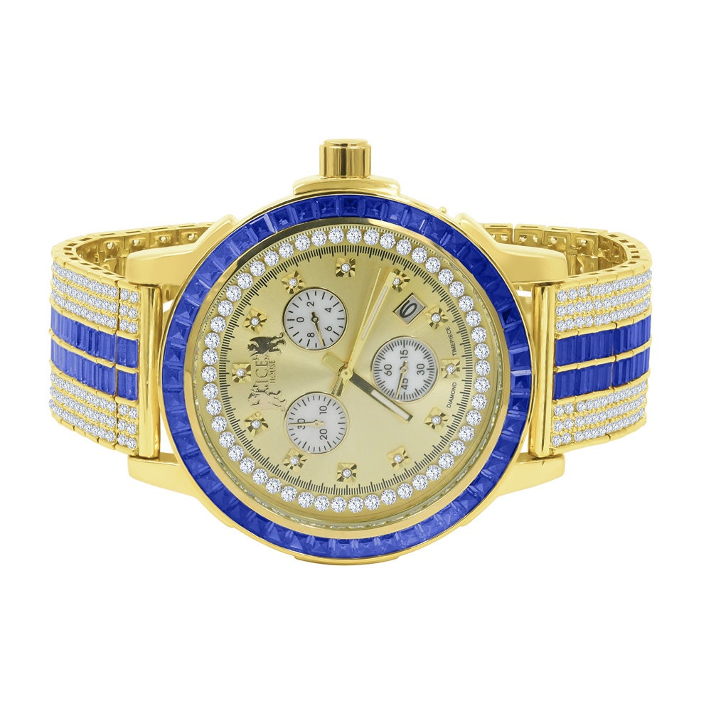 Sapphire Blue Solid Steel Baguette-Cut Solitaire  Bezel Yellow Gold Tone Simulated Diamond Adjustable Band Mens Watch W/Date