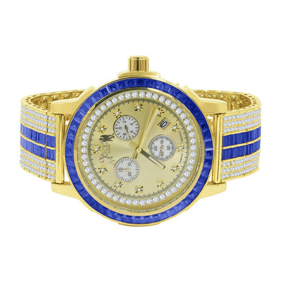Sapphire Blue Solid Steel Baguette-Cut Solitaire  Bezel Yellow Gold Tone Simulated Diamond Adjustable Band Mens Watch W/Date