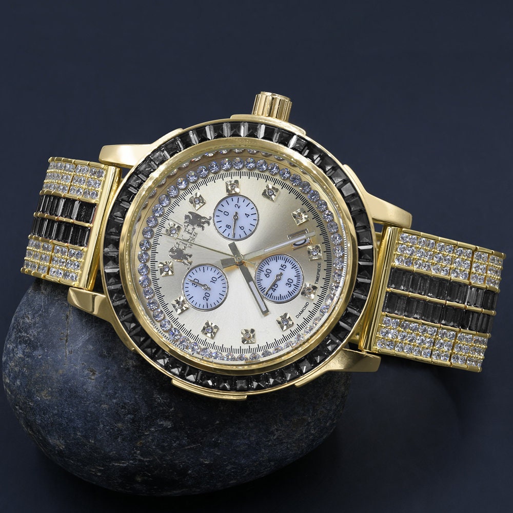 Onyx Black Solid Steel Baguette-Cut Solitaire Bezel Gold Tone Simulated Diamond Adjustable Band Mens Watch W/Date