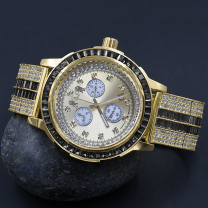 Onyx Black Solid Steel Baguette-Cut Solitaire Bezel Gold Tone Simulated Diamond Adjustable Band Mens Watch W/Date