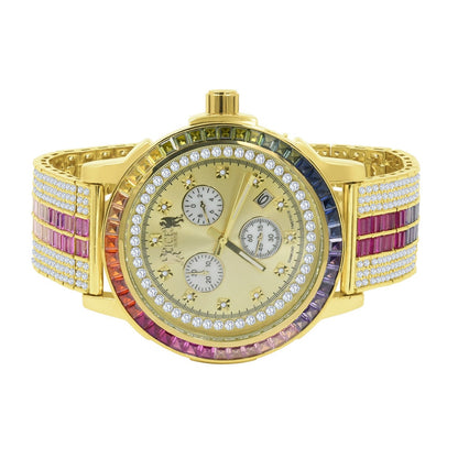 Rainbow Multi Tone Stainless Steel Iced Out Bezel Gold Finish Simulated Diamond Adjustable Band Mens Watch W/Date