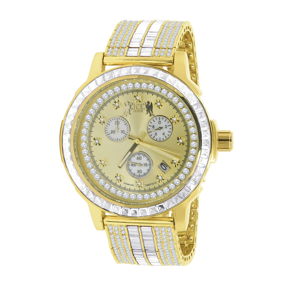 18K Yellow Gold Finish Stainless Steel Iced Out Bezel Simulated Diamond Adjustable Band Mens Watch W/Date