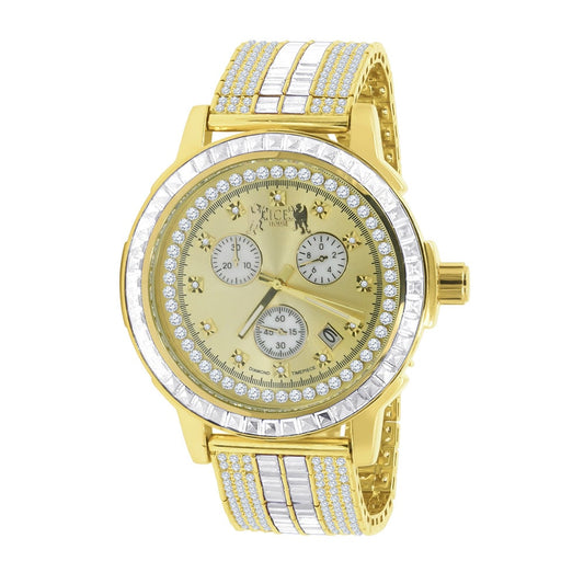 18K Yellow Gold Finish Stainless Steel Iced Out Bezel Simulated Diamond Adjustable Band Mens Watch W/Date