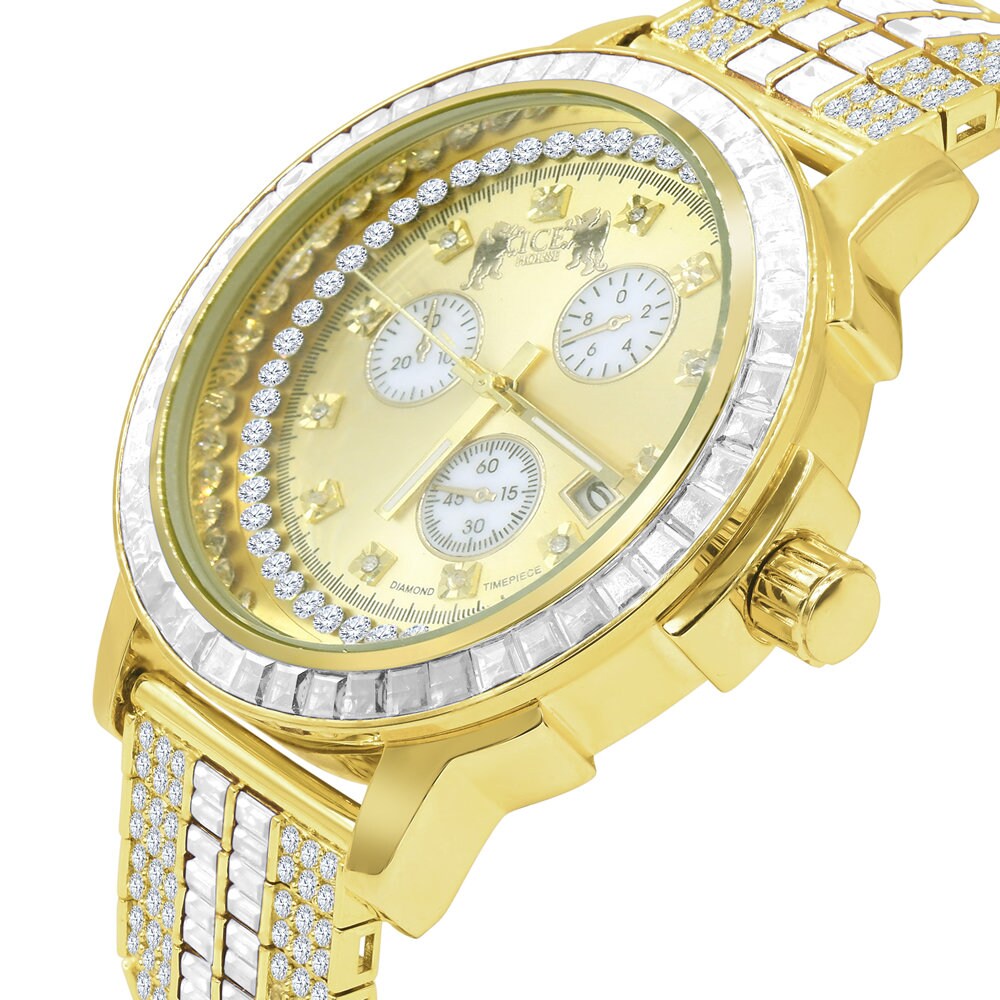 18K Yellow Gold Finish Stainless Steel Iced Out Bezel Simulated Diamond Adjustable Band Mens Watch W/Date