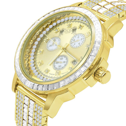 18K Yellow Gold Finish Stainless Steel Iced Out Bezel Simulated Diamond Adjustable Band Mens Watch W/Date