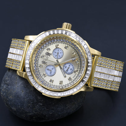 18K Yellow Gold Finish Stainless Steel Iced Out Bezel Simulated Diamond Adjustable Band Mens Watch W/Date