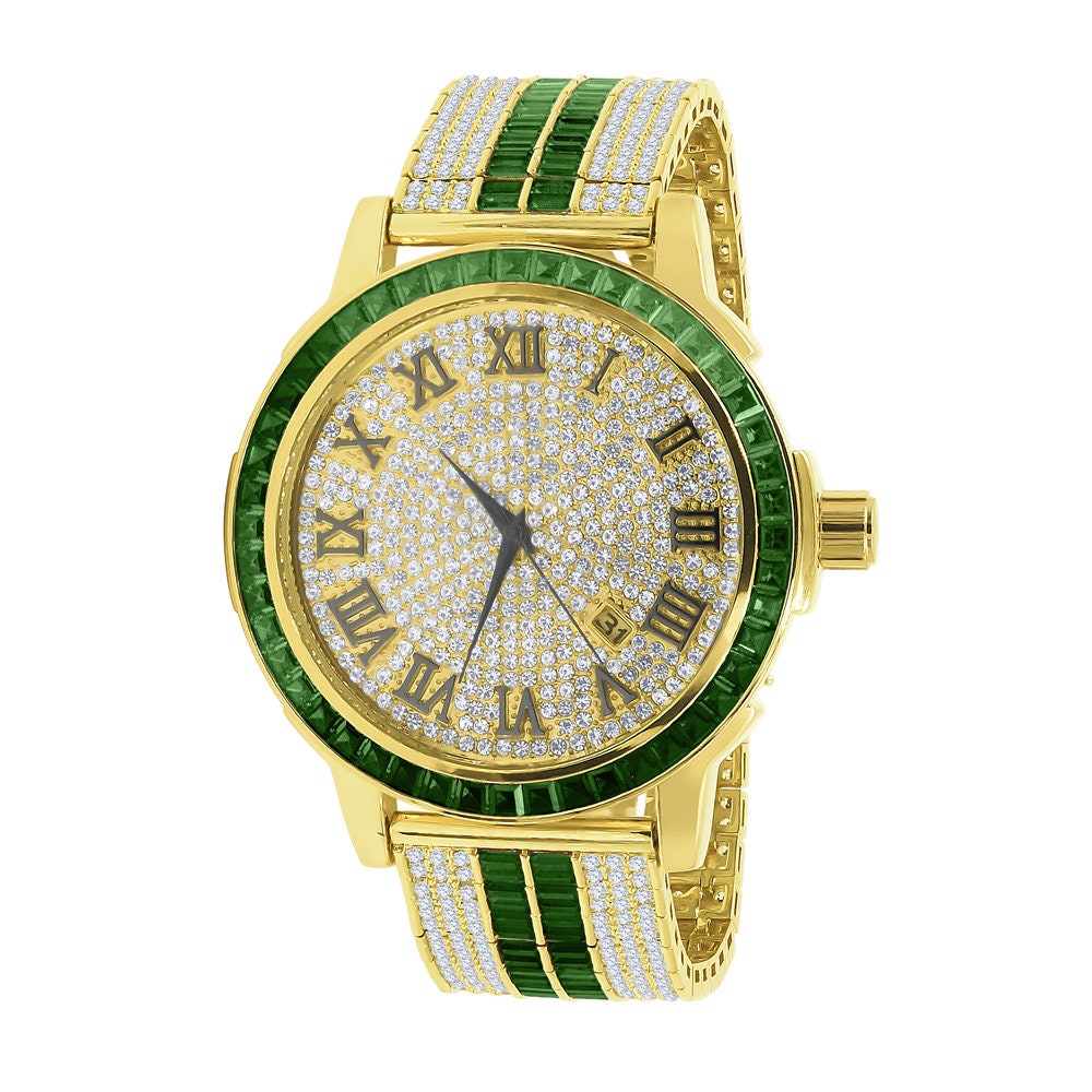 Mens Roman Numeral Dial Solid Steel Bezel Simulated Diamond Emerald Green Custom Adjustable Band Watch W/Date