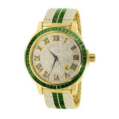 Mens Roman Numeral Dial Solid Steel Bezel Simulated Diamond Emerald Green Custom Adjustable Band Watch W/Date