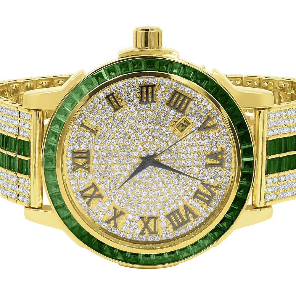 Mens Roman Numeral Dial Solid Steel Bezel Simulated Diamond Emerald Green Custom Adjustable Band Watch W/Date