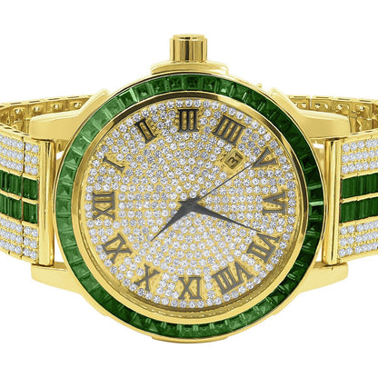 Mens Roman Numeral Dial Solid Steel Bezel Simulated Diamond Emerald Green Custom Adjustable Band Watch W/Date