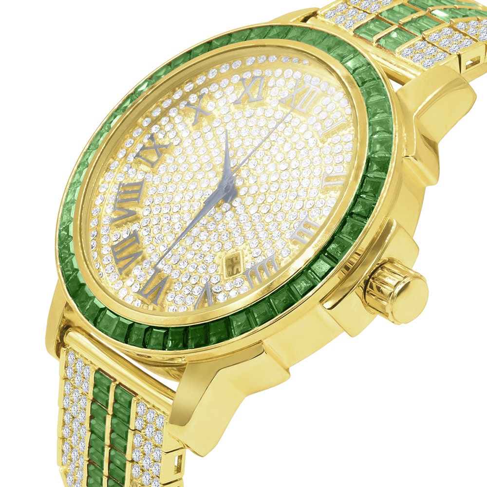Mens Roman Numeral Dial Solid Steel Bezel Simulated Diamond Emerald Green Custom Adjustable Band Watch W/Date