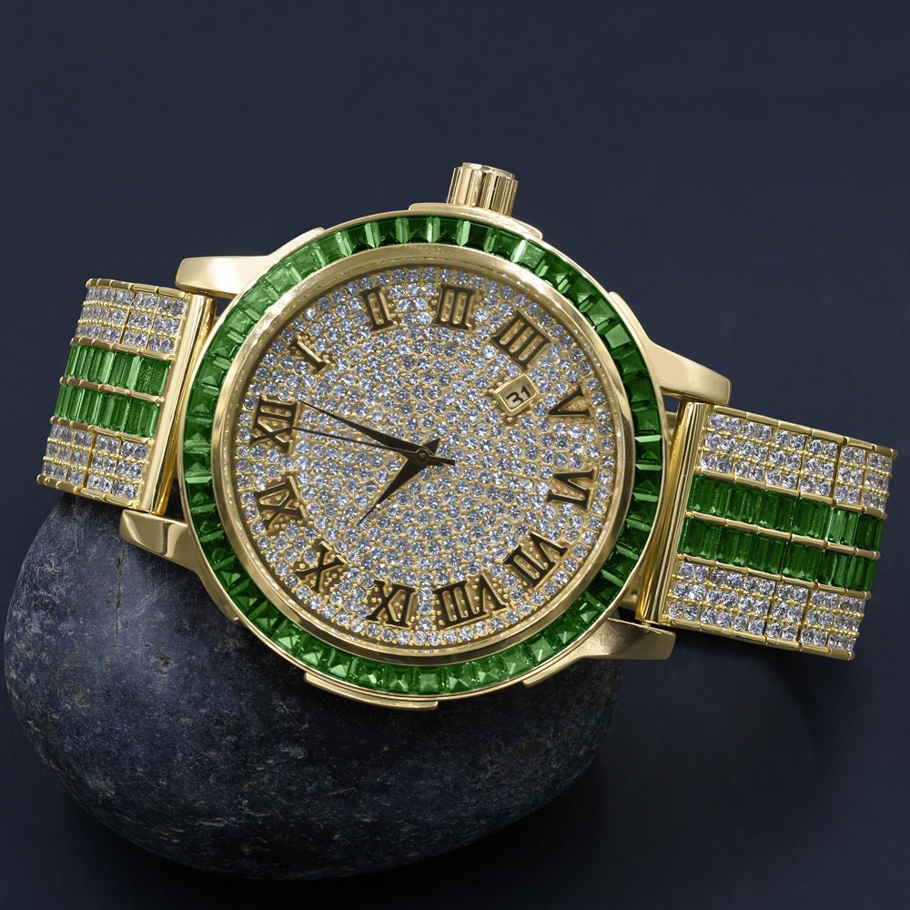 Mens Roman Numeral Dial Solid Steel Bezel Simulated Diamond Emerald Green Custom Adjustable Band Watch W/Date
