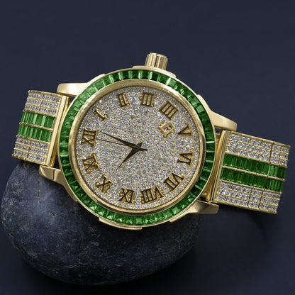 Mens Roman Numeral Dial Solid Steel Bezel Simulated Diamond Emerald Green Custom Adjustable Band Watch W/Date