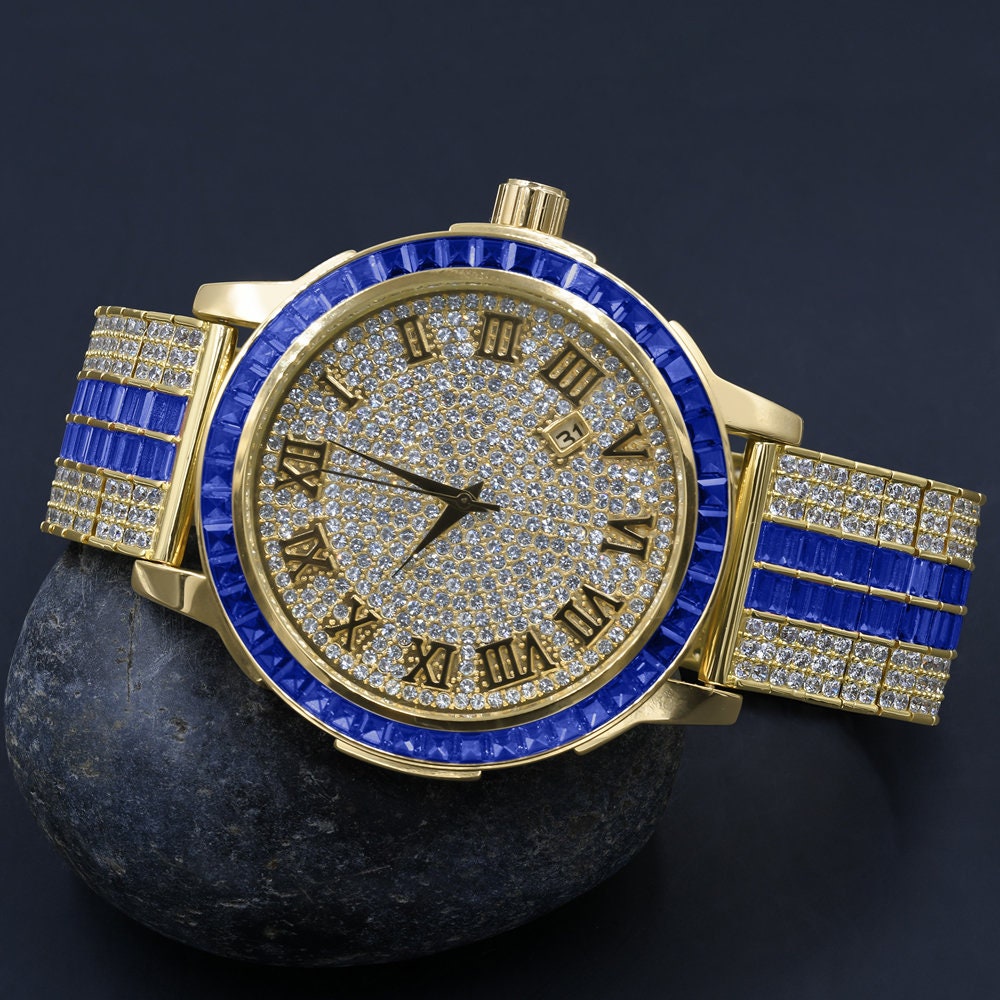 Roman Numeral Dial Solid Steel Bezel Simulated Diamond Sapphire Blue  Custom Adjustable Band Mens Watch W/Date