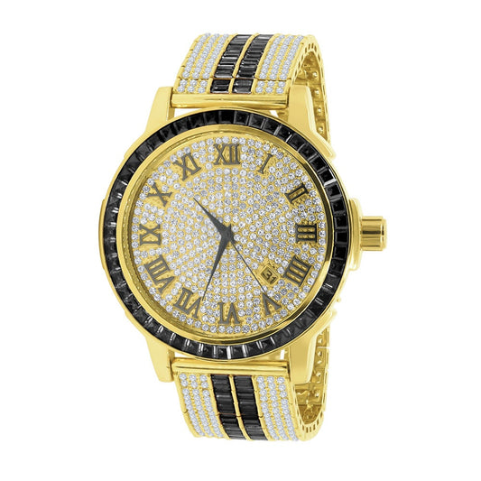 Roman Numeral Black Onyx Dial Solid Steel Bezel Gold Tone Simulated Diamond Custom Adjustable Band Mens Watch W/Date