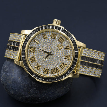 Roman Numeral Black Onyx Dial Solid Steel Bezel Gold Tone Simulated Diamond Custom Adjustable Band Mens Watch W/Date