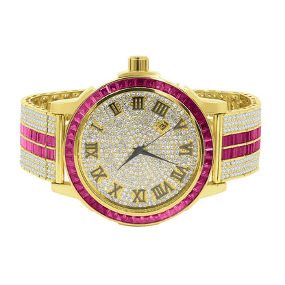 Mens Roman Numeral Ruby Red Dial Solid Steel Bezel Gold Tone Simulated Diamond Custom Adjustable Band Watch W/Date